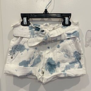Tie-Dye Paperbag Waist Shorts - White with Blue Wash